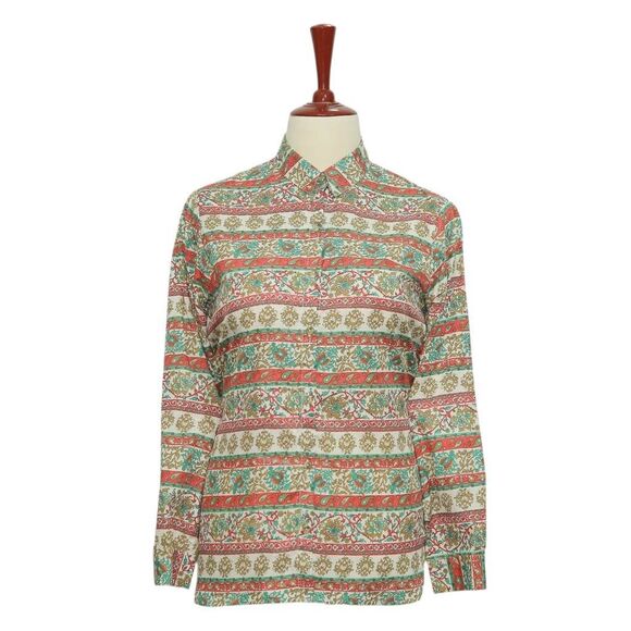 Womens Silky Blouse Multicolor Floral Paisley Shirt Button Up Dressy Top Medium - Picture 1 of 7